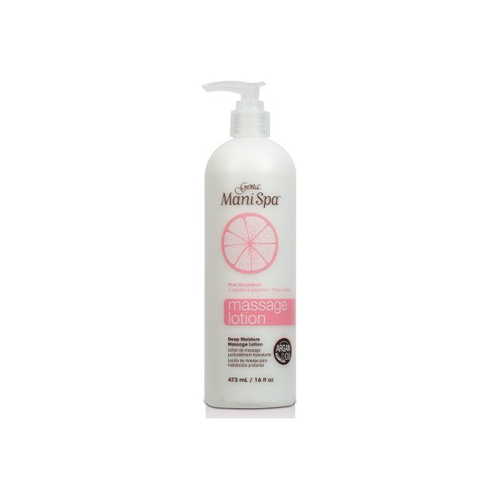 Frontage of a pump bottle with 16-ounce size of Gena deep moisture Massage Lotion for hands, nails, and cuticles