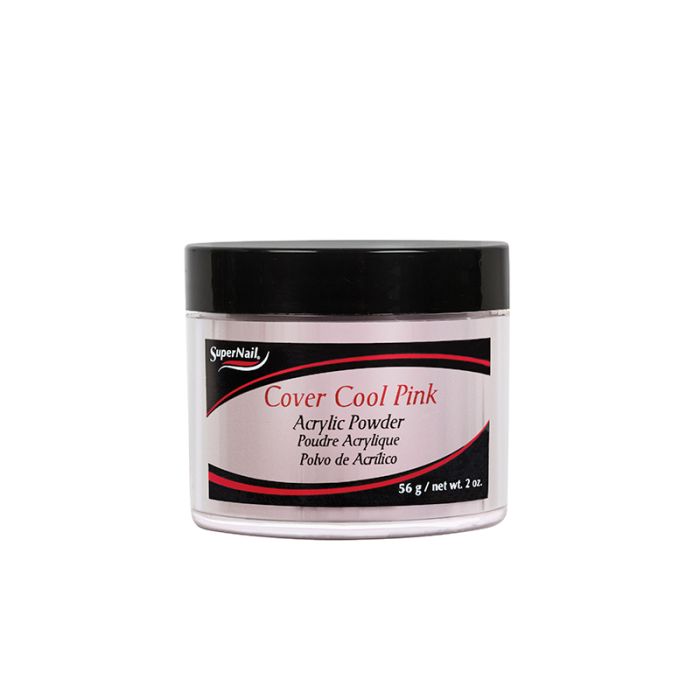 Frontage of SuperNail Cover Acrylic Cool Pink in 2-ounce flat canister with black cover cap and with detailed label text