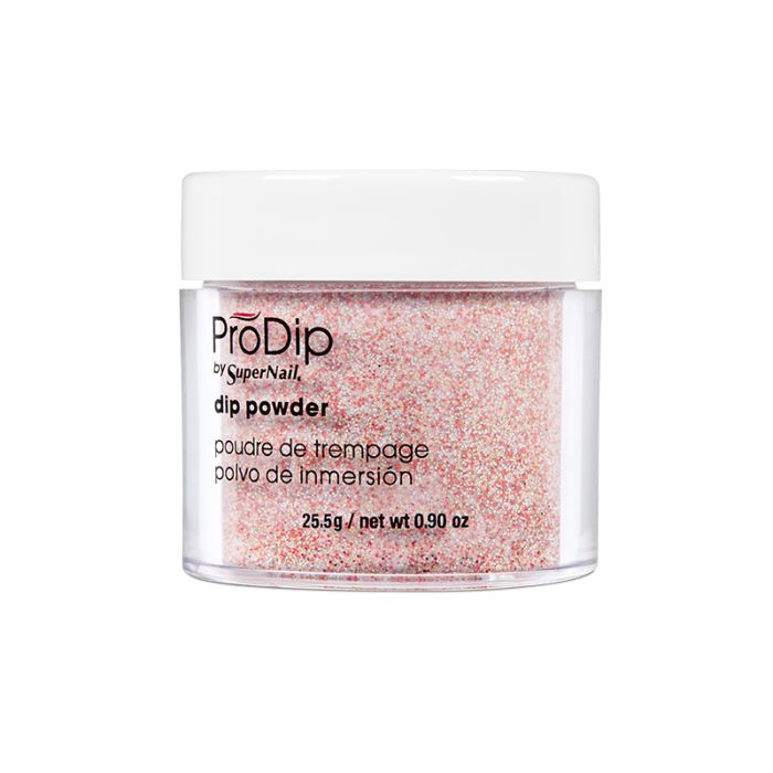 SuperNail ProDip New Year Sparkles nail dip powder in half side view demonstration featuring its product information
