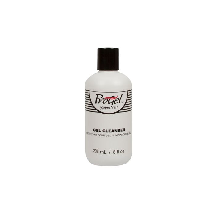 Front view of SuperNail ProGel Cleanser with labeled text in a white color bottle and black cap cover in an 8-ounce bottle