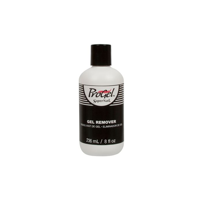Frontal view of SuperNail ProGel Remover witth black color lid in 8-ounce bottle with printed product information