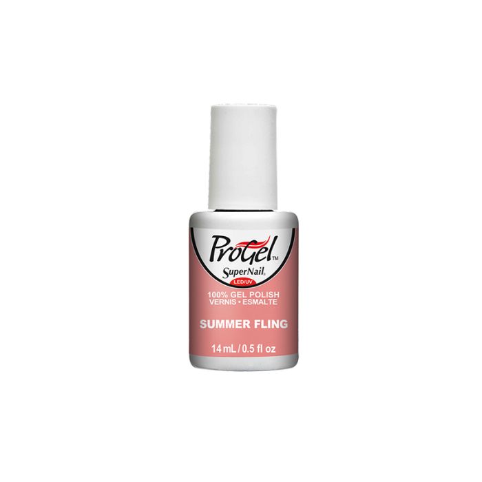 Front facing of SuperNail ProGel in Summer Fling variant with 14ml bottle size and label product information 