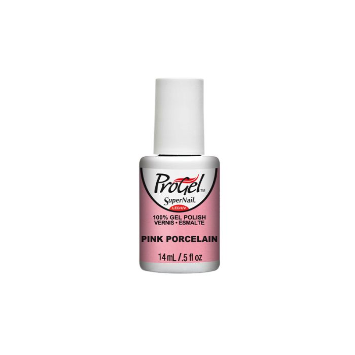 14ml bottle of SuperNail ProGel with Pink Porcelain color shade with label graphics and product details