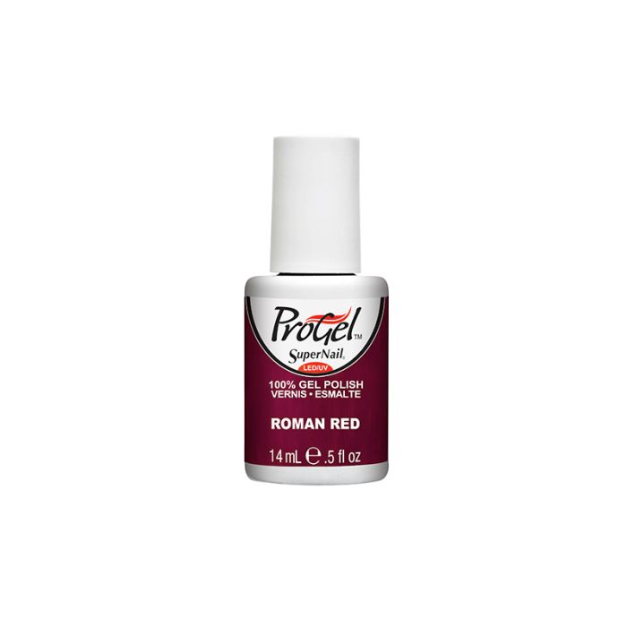 Frontage of SuperNail ProGel in Roman Red variant with  printed graphics and labeled product details