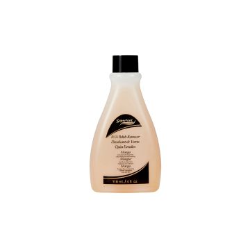 Front view of SuperNail Mango Polish Remover in a curved bottle with printed product details and information