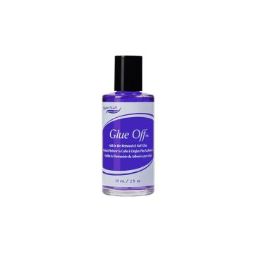 Capped bottle of SuperNail GlueOff in 2-ounce bottle printed graphics and product information