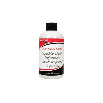 8-ounce container of  SuperNail Supermax Liquid with detailed printed label text and product information