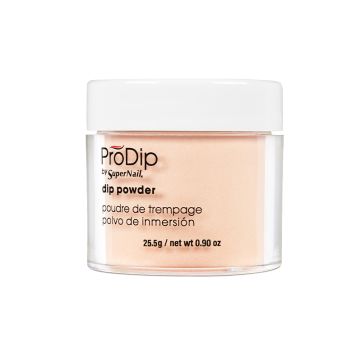 Half side view of Prodip by SUperNail dip powder in Papaya Whip variant with 0.9-ounce transparent flask and white cover lid