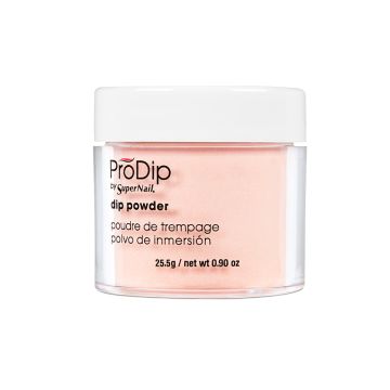 SuperNail ProDip Carnation Pink nail dip powder in half side view demonstration featuring its product label information