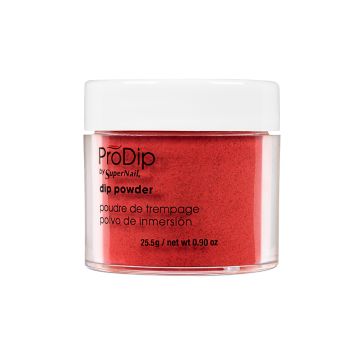 SuperNail ProDip Red Rubies nail dip powder in half side view demonstration featuring its product information