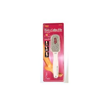 Checi Pro Medium Foot File within its pink themed retail packaging printed with product name, details, & illustrations