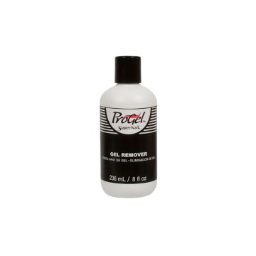 Frontal view of SuperNail ProGel Remover witth black color lid in 8-ounce bottle with printed product information