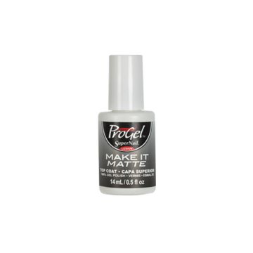 Frontage ofSuperNail ProGel Make It Matte Top Coat with 14ml size bottle with printed product details