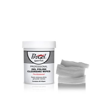Front view of a capped SuperNail ProGel Pre-Moistened Gel Polish Cleansing Wipes beside its sample tissue lay on the floor